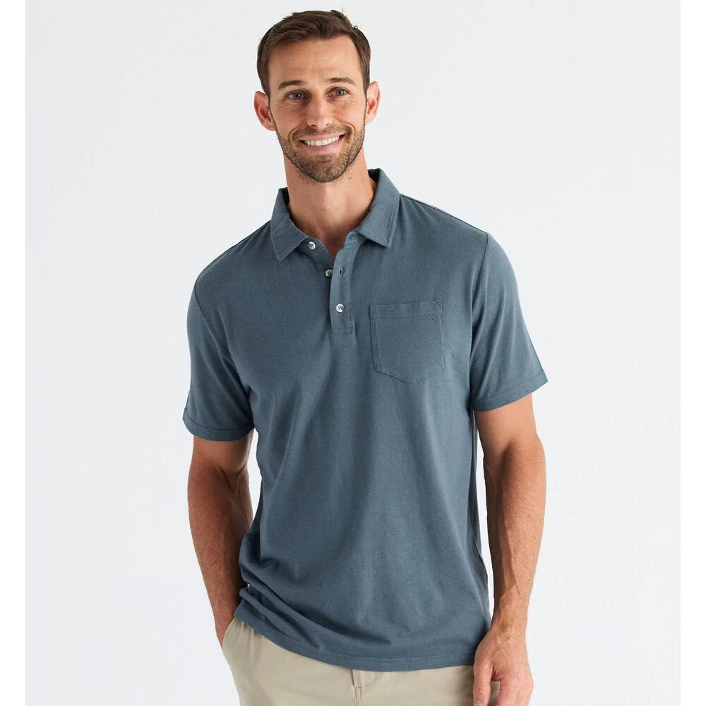 Free Fly men's bamboo blend performance short sleeve polo shirt in blue sz large